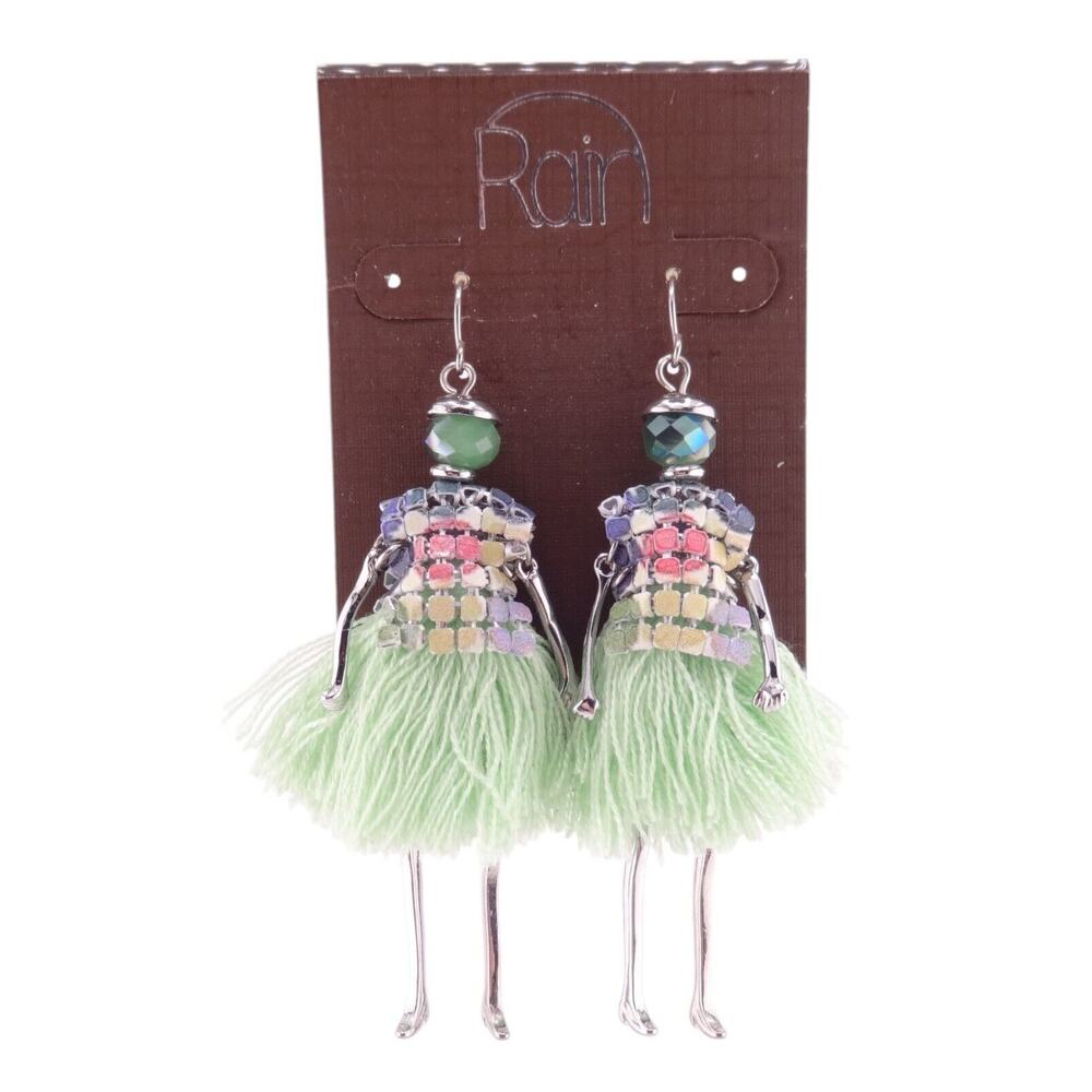 Rain Beaded Ladies Green Thread Skirts Dangle Silvertone Hook Earrings 3" NEW
